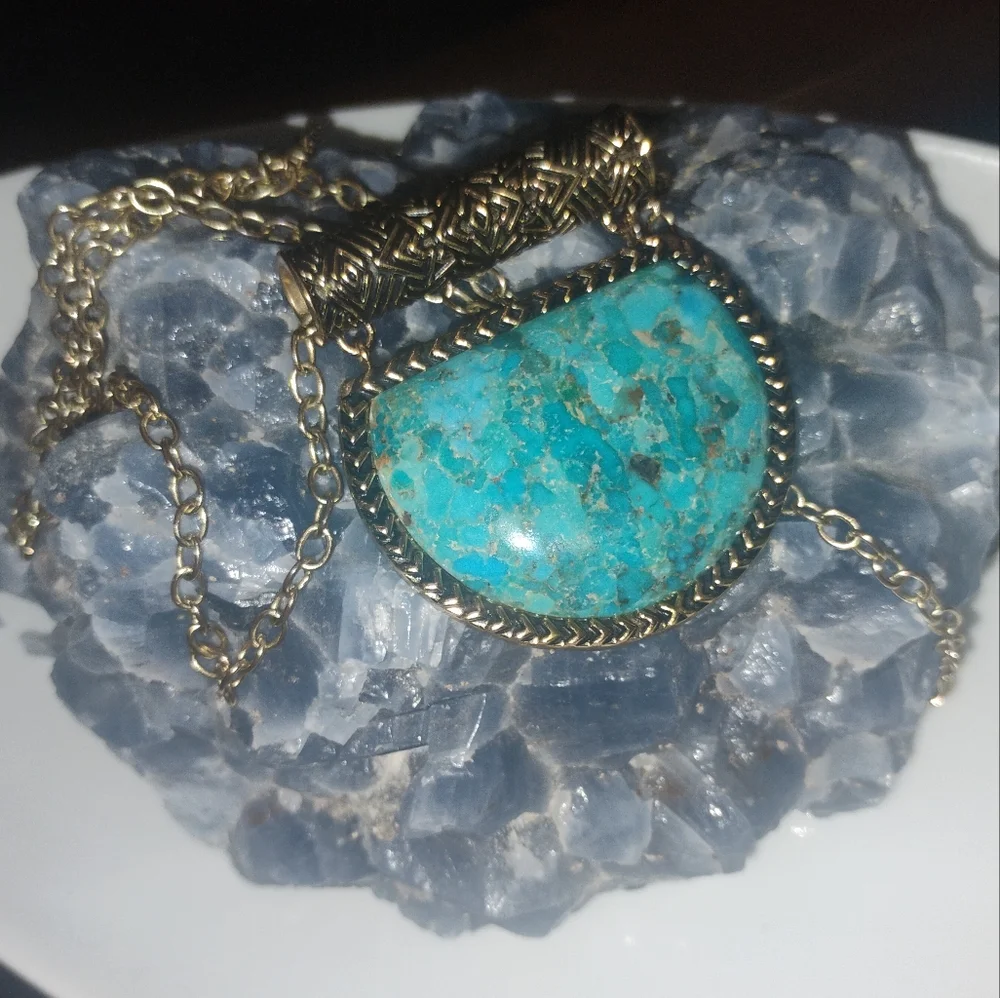 Kingman Turquoise and Bronze Half Moon Pendant with Necklace by Studio Barse - Picture 2 of 10